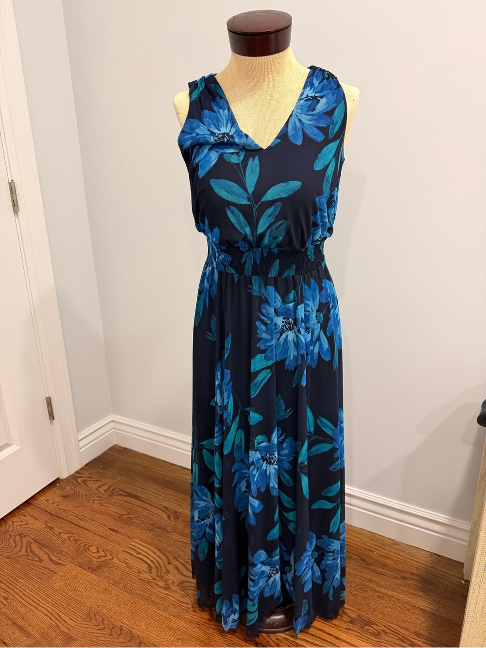 V-Neck Navy Maxi Dress with Blue Floral Print